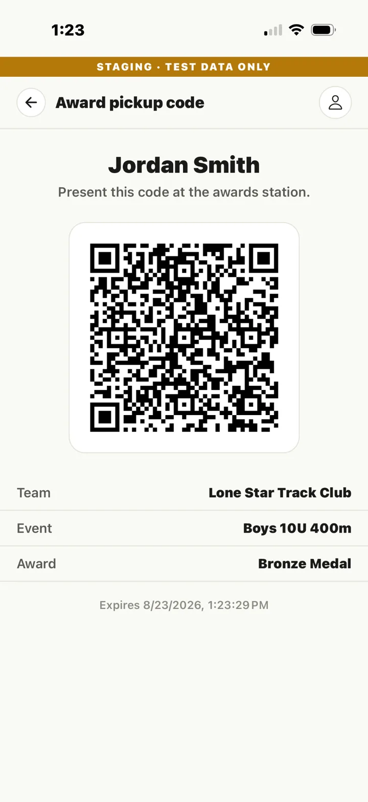 Secure award pickup QR code for an athlete and award