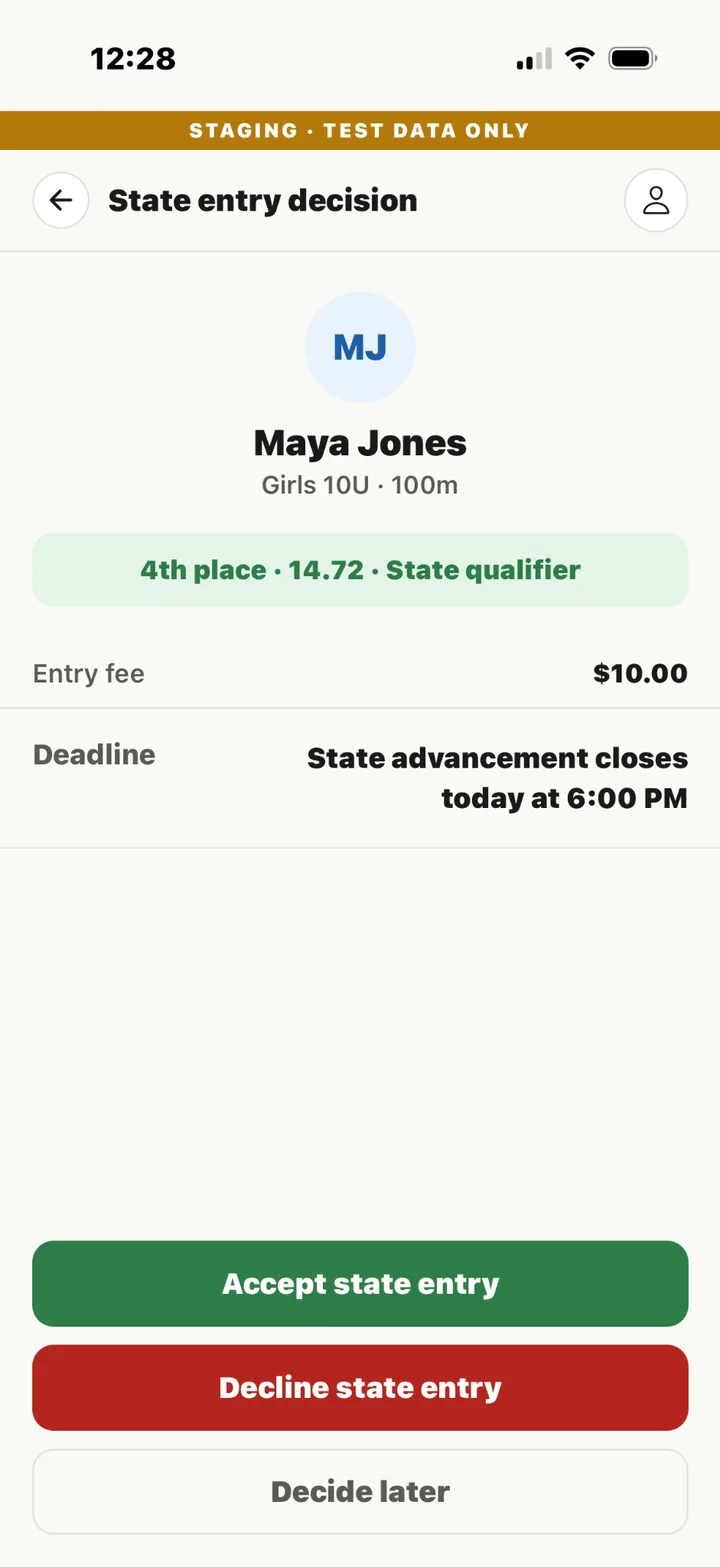 State entry decision screen with qualifier result, fee, deadline and decision buttons