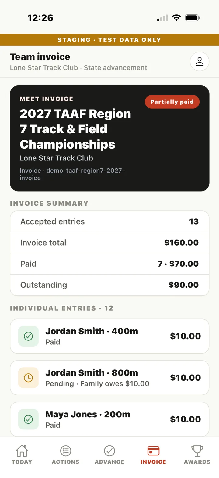 Team invoice showing accepted entries, invoice total, paid and outstanding amounts