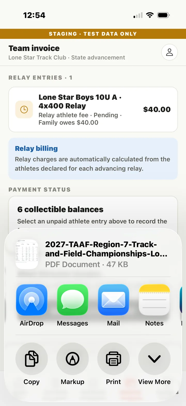 iOS share sheet showing a descriptive MeetAdvance team invoice PDF filename